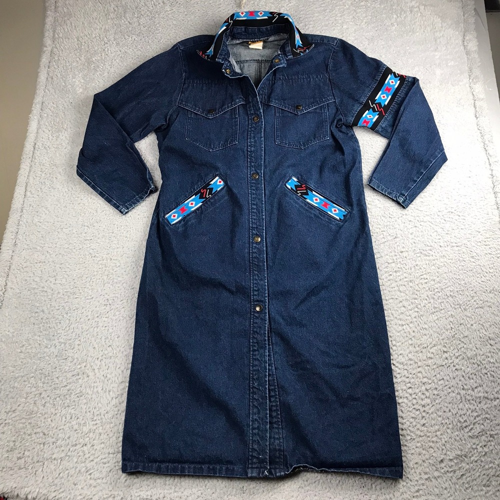 David James Denim Duster Women M Blue Aztec Trim Western Long Jacket Vtg 80s 90s